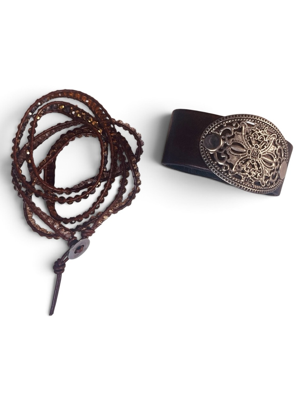 Victoria Emerson Brown Wrap Bracelet and Leather Snap Silver Tooled Bracelet